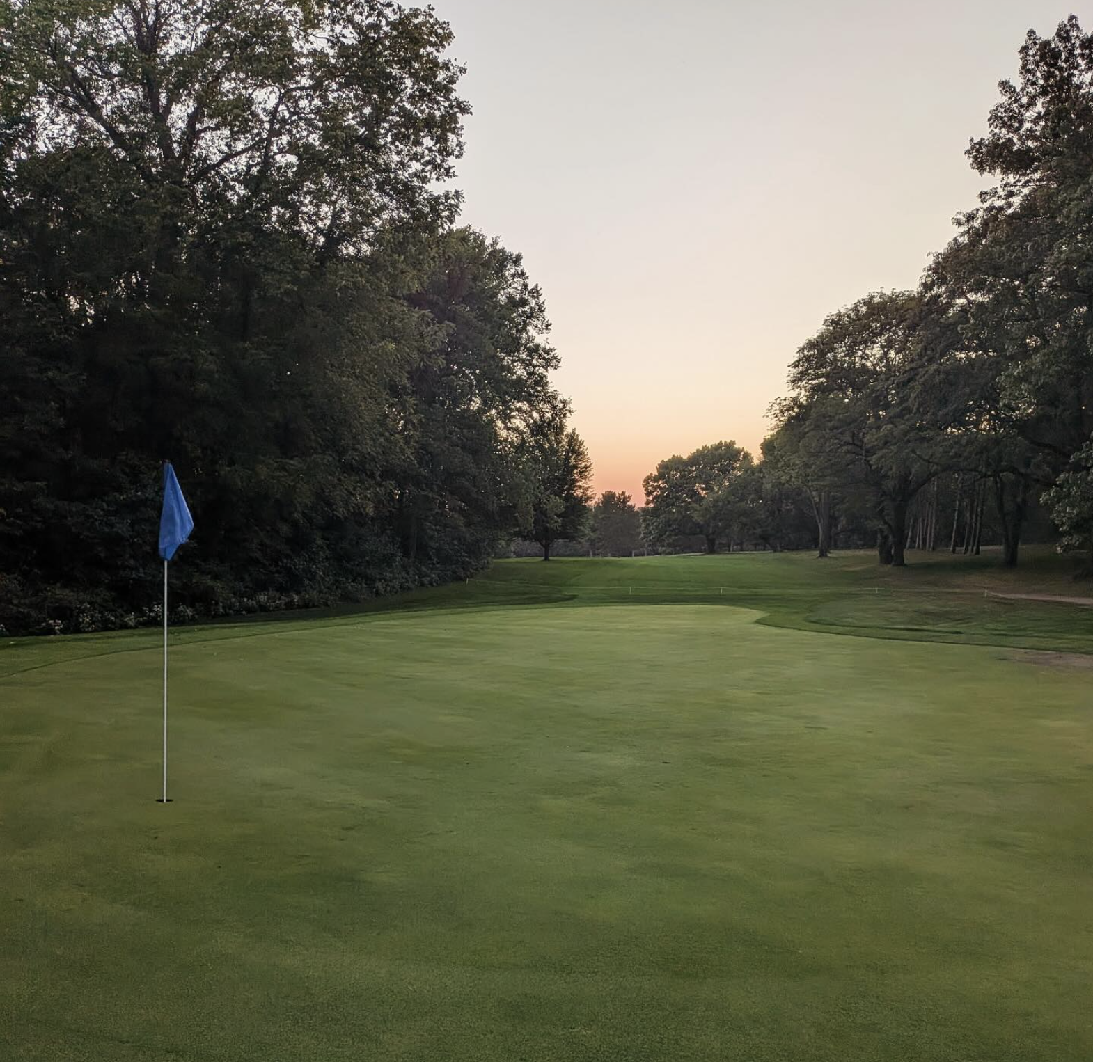 A wide stretch of greens at sunrise with a blue flag marking the hole. Surrounded by trees on either side.